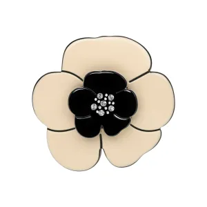 Camellia Medium Crystal Ivory Black Brooch