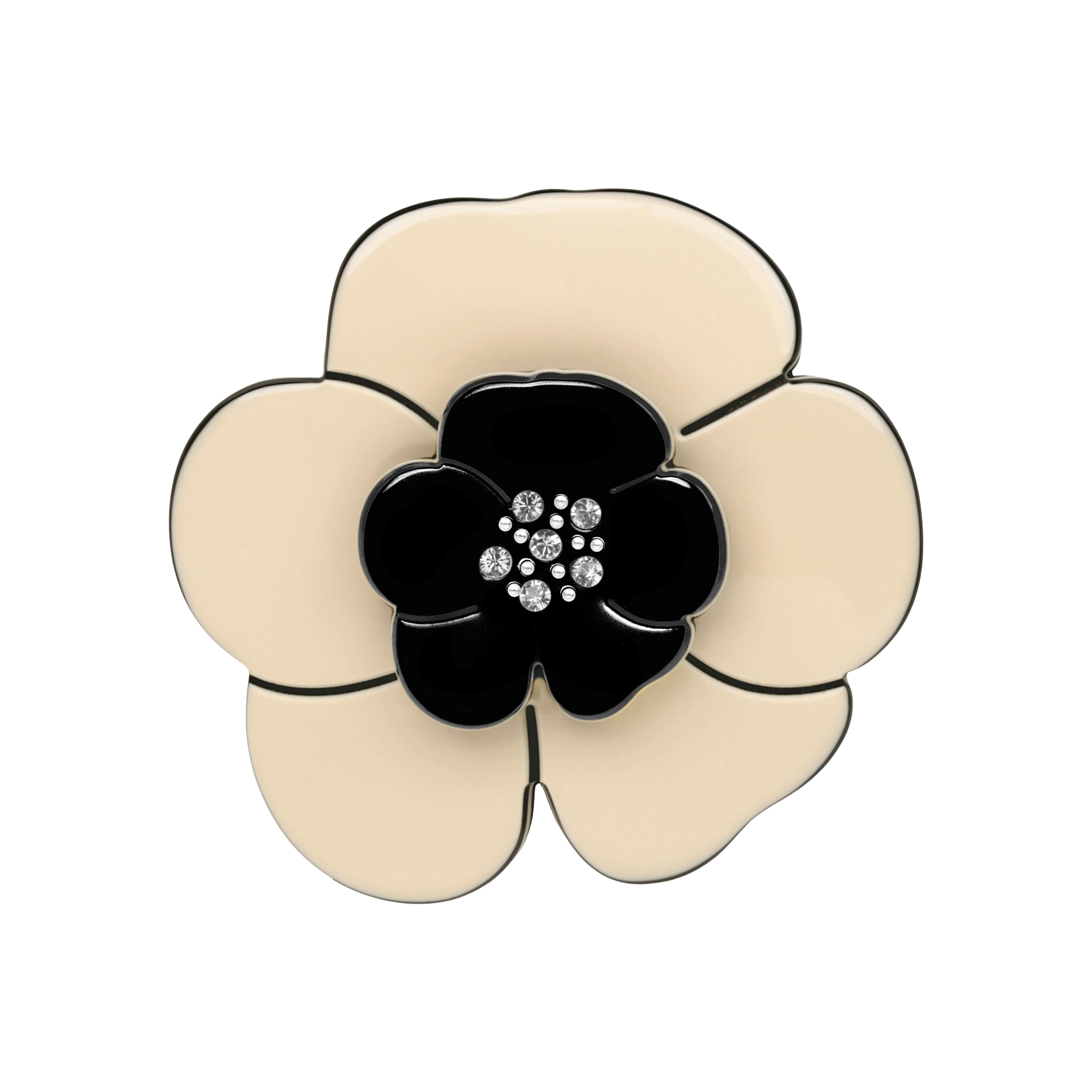 Camellia Medium Crystal Ivory Black Brooch