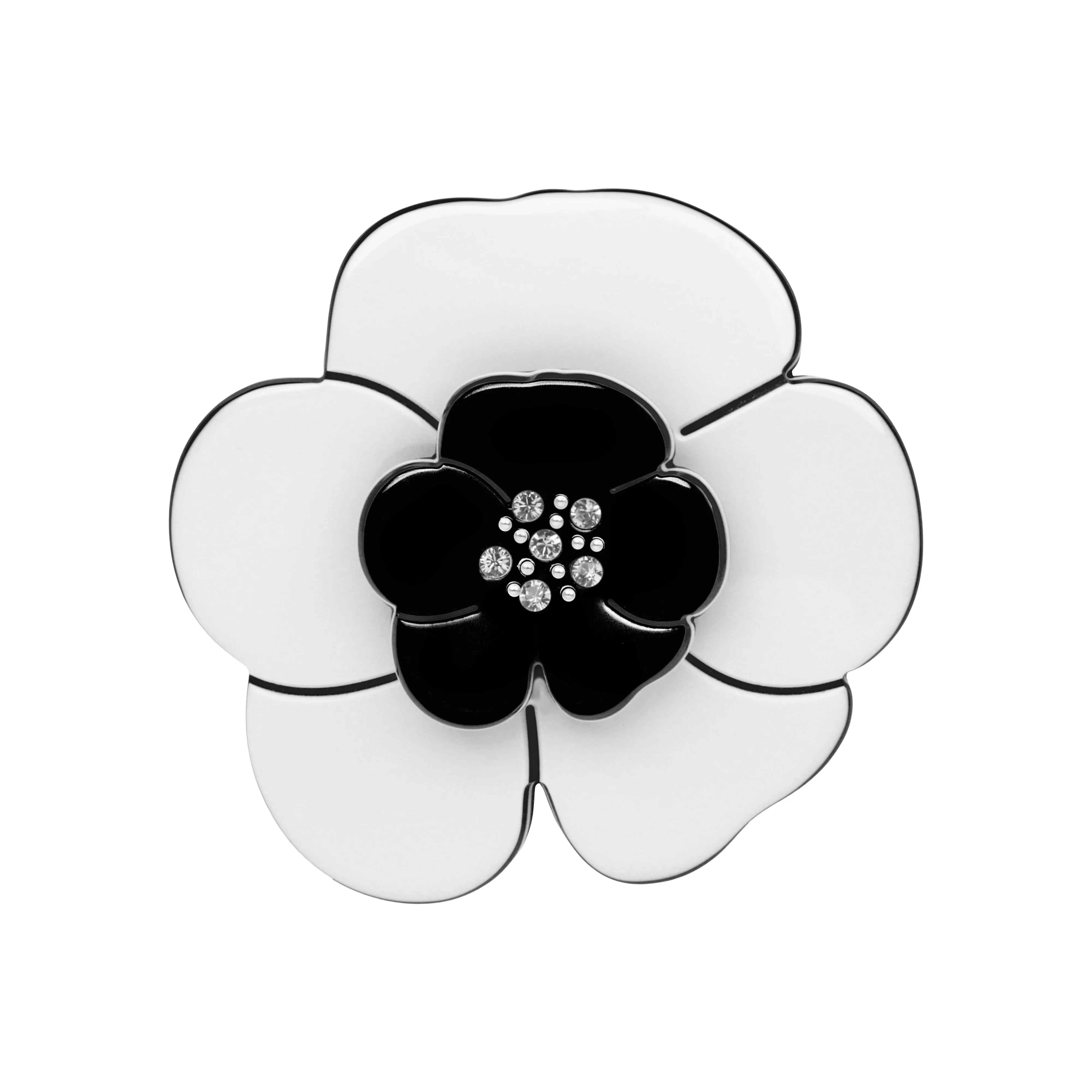 Camellia Medium Crystal White Black Brooch