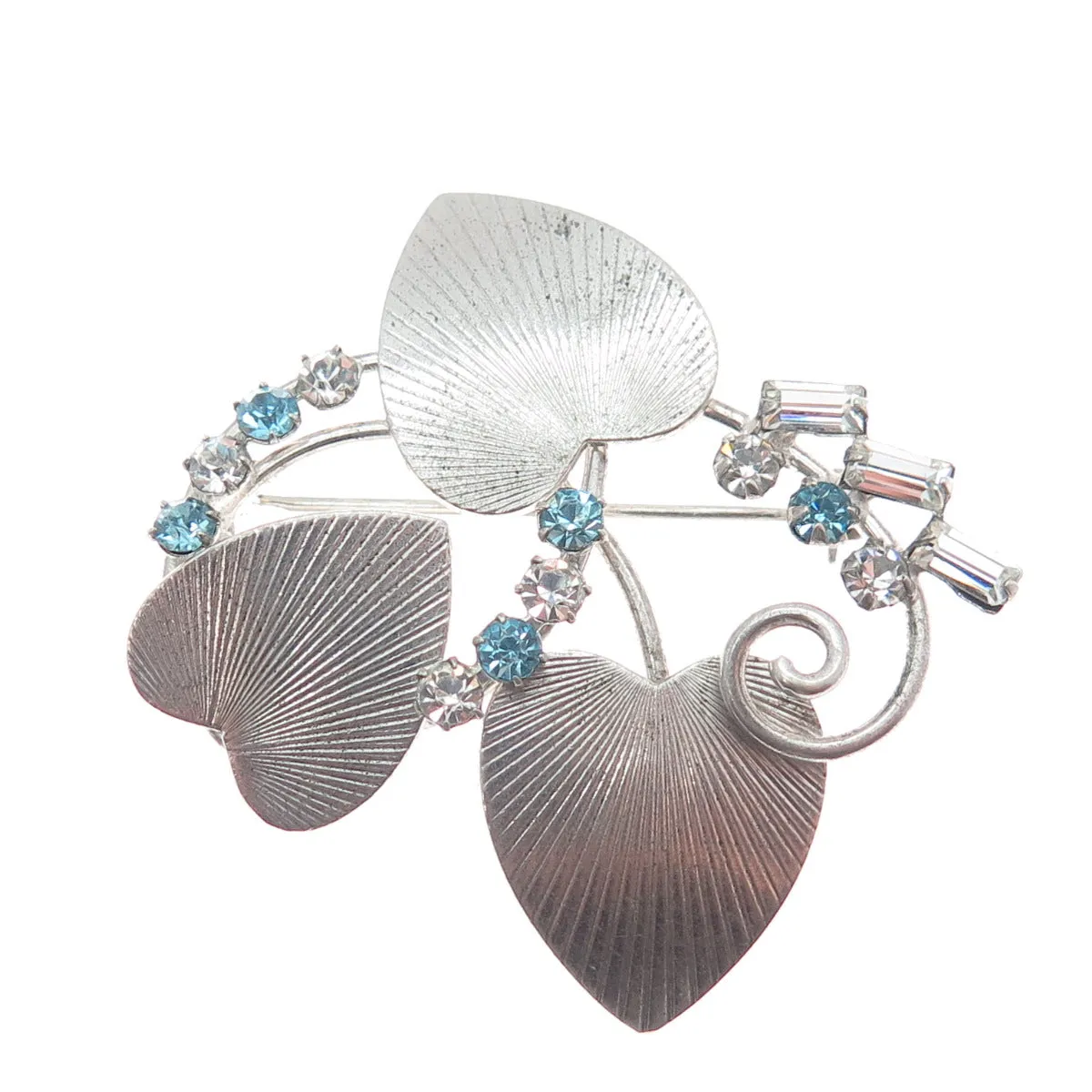 CARL ART 925 Sterling Silver Vintage Rhinestone Heart Leaf Pin Brooch/Pendant
