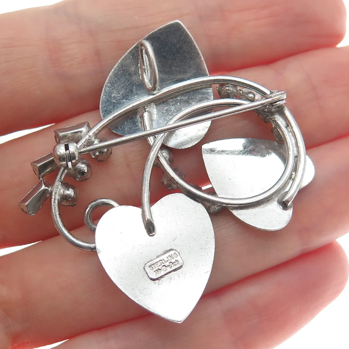 CARL ART 925 Sterling Silver Vintage Rhinestone Heart Leaf Pin Brooch/Pendant