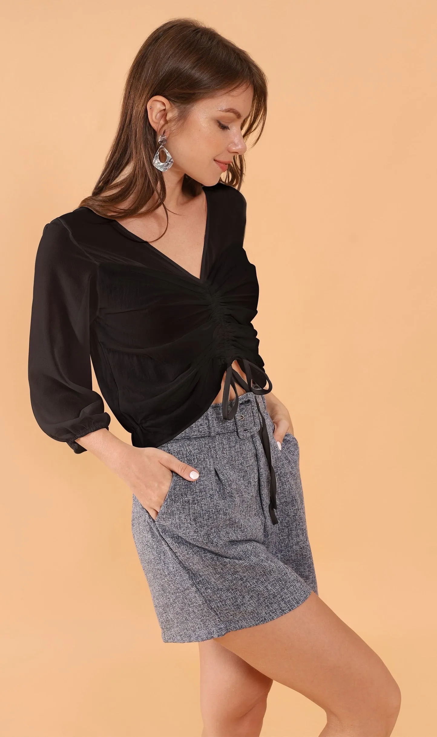 CARLI Ruched Sheer Top (Black)