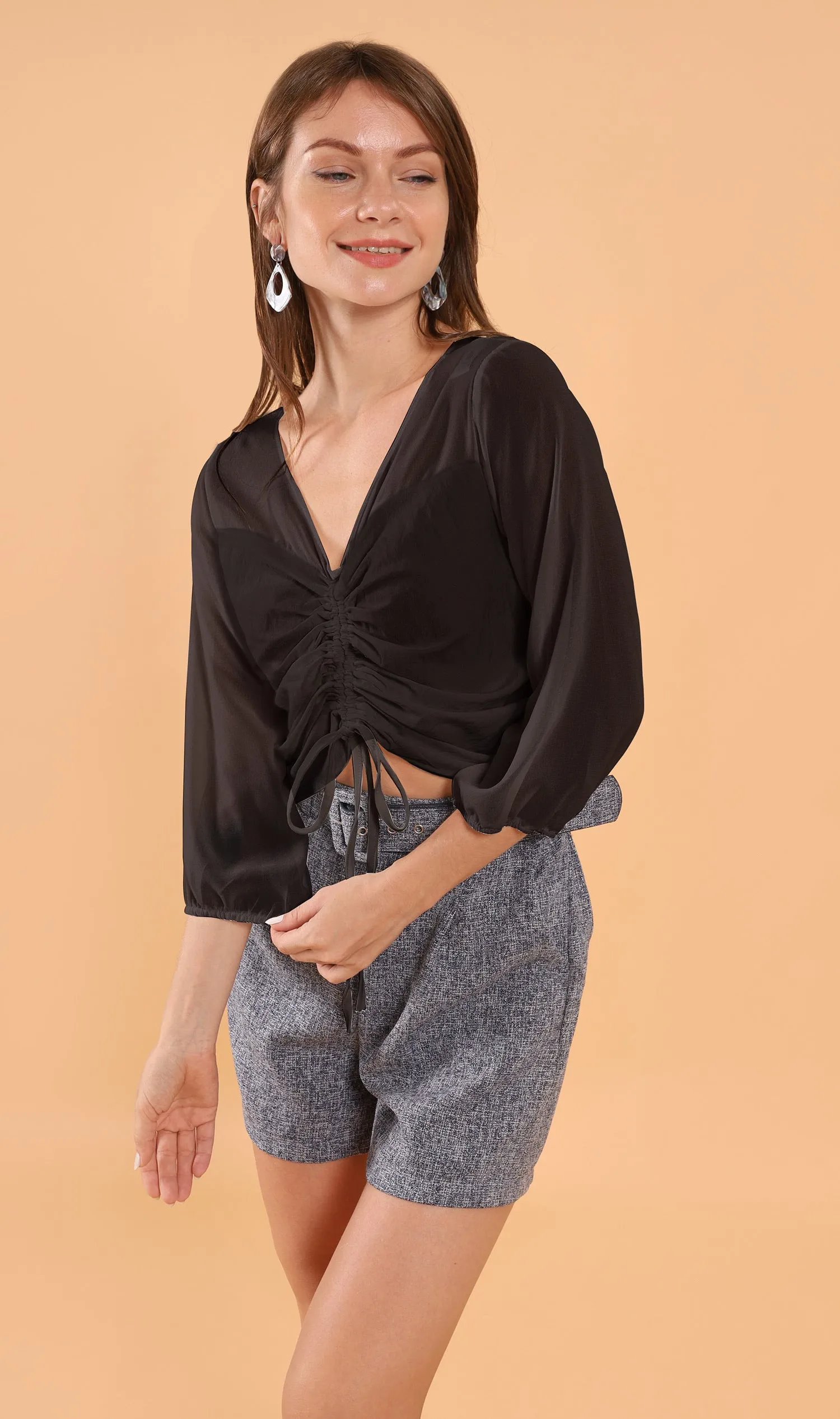 CARLI Ruched Sheer Top (Black)