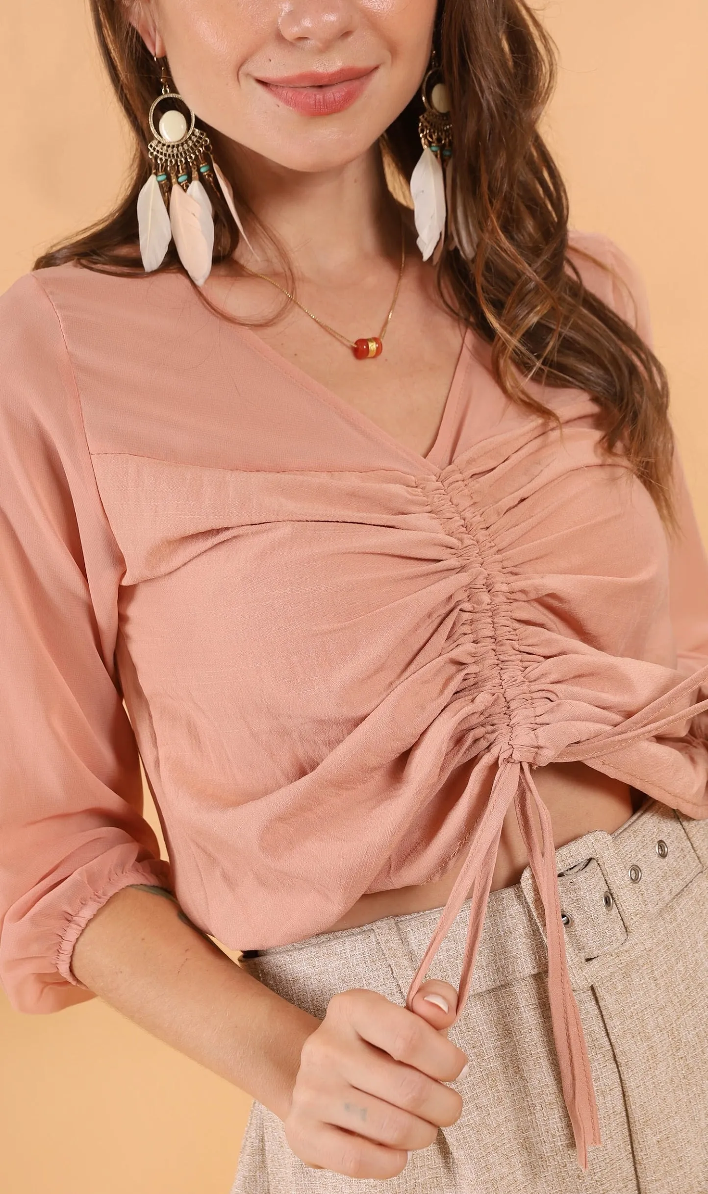 CARLI Ruched Sheer Top (Peach)