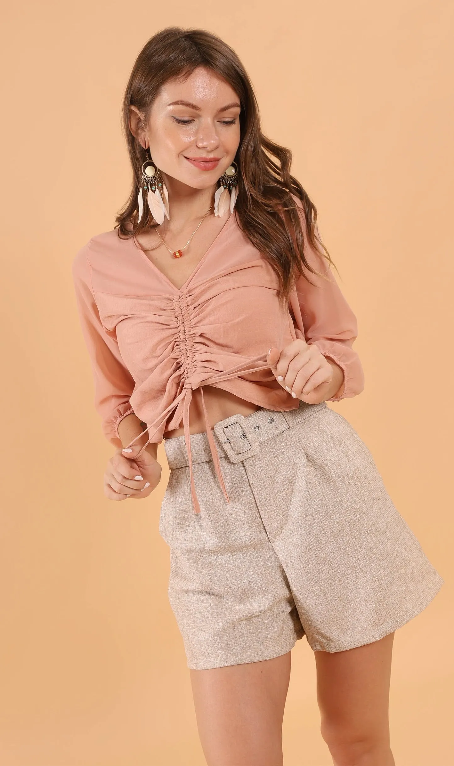 CARLI Ruched Sheer Top (Peach)
