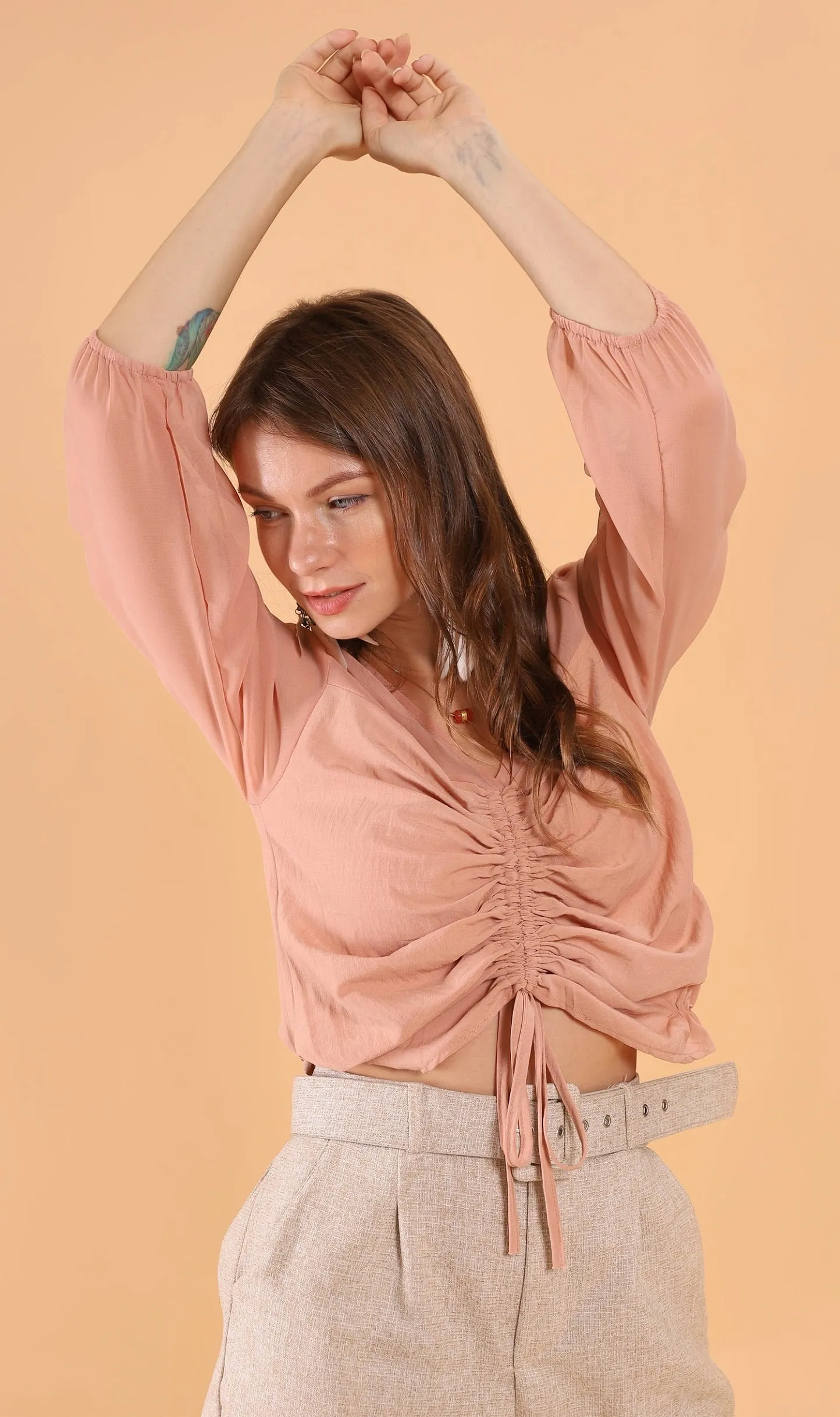 CARLI Ruched Sheer Top (Peach)