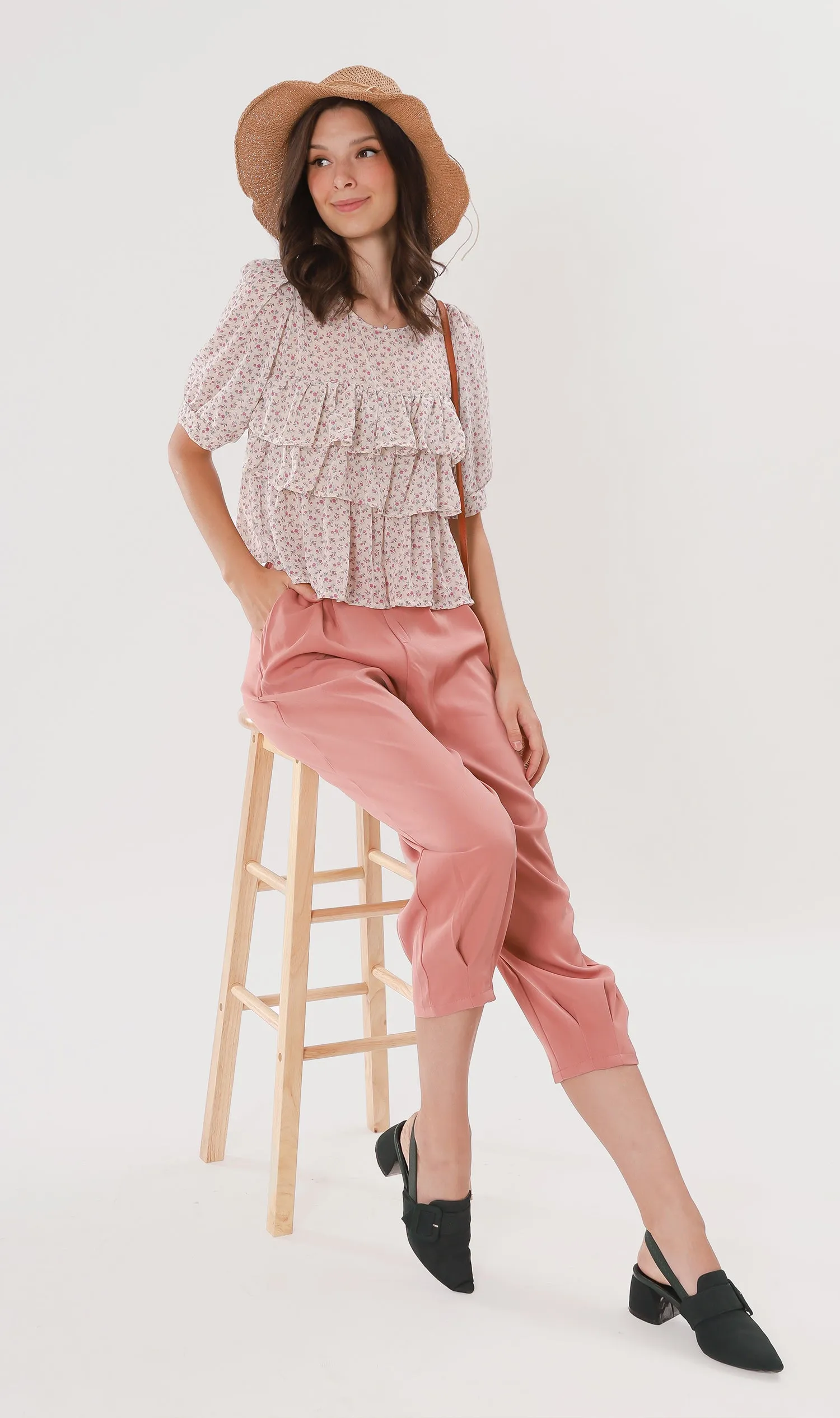 CASSIDY Ruffled-Front Chiffon Top (Cream)