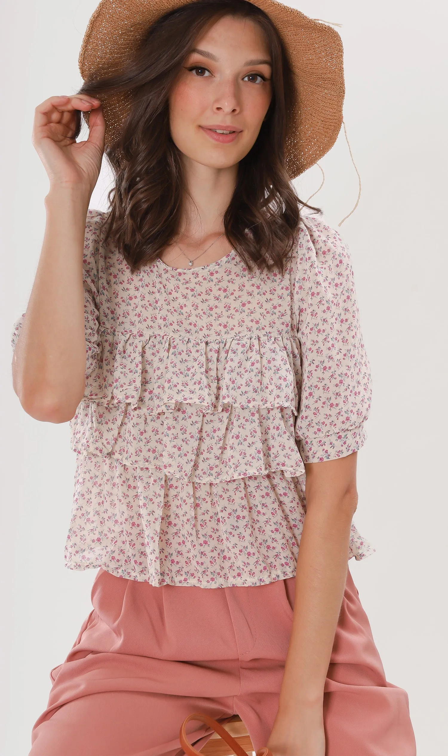 CASSIDY Ruffled-Front Chiffon Top (Cream)