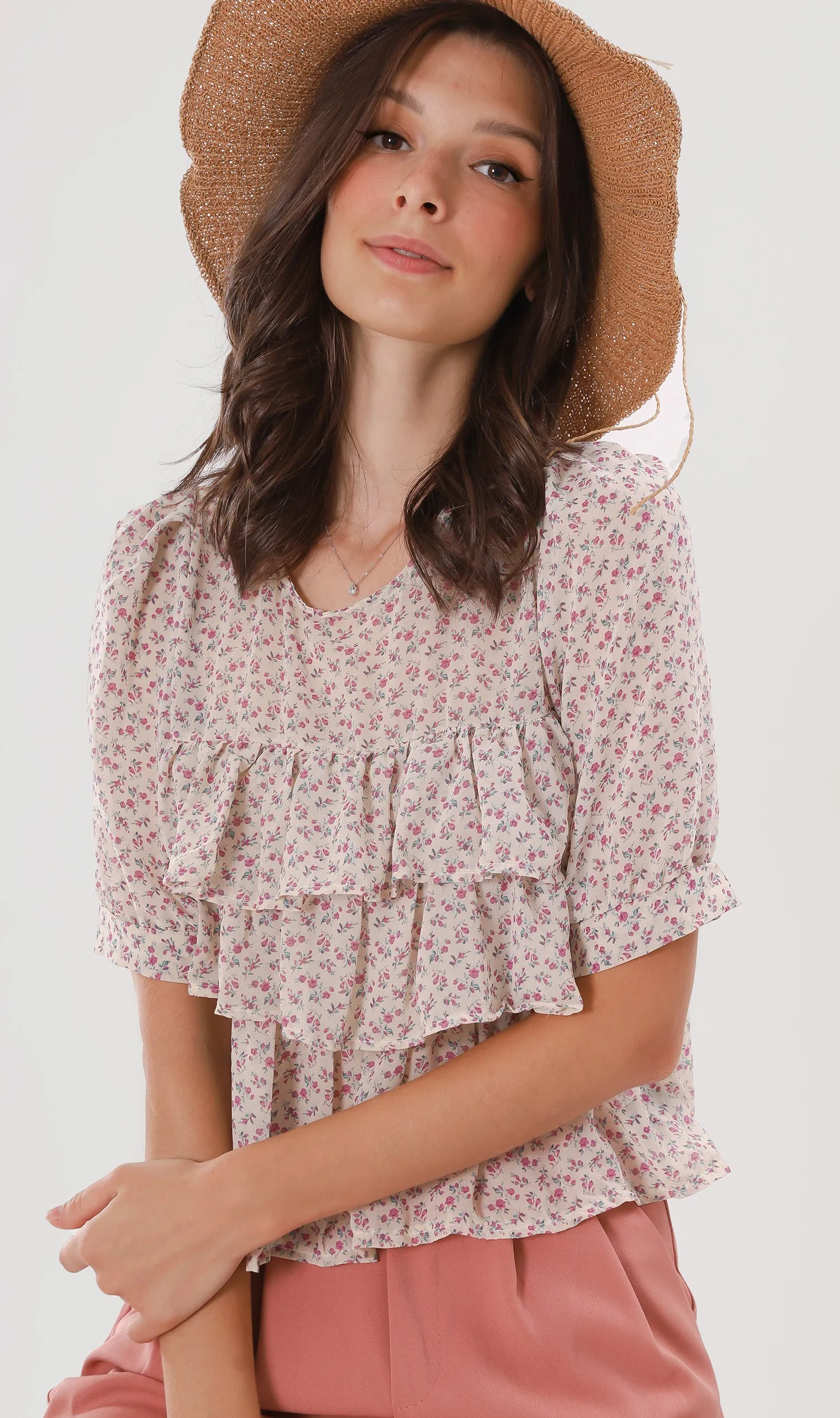 CASSIDY Ruffled-Front Chiffon Top (Cream)