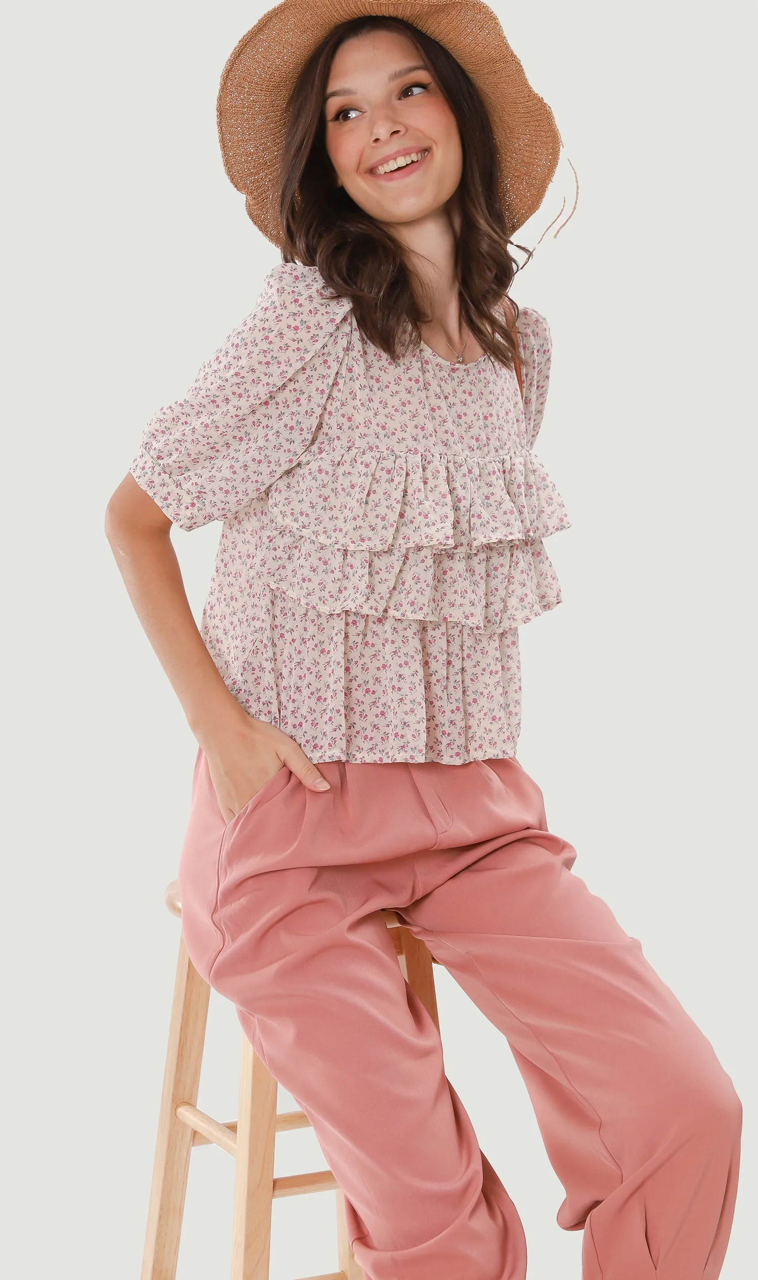 CASSIDY Ruffled-Front Chiffon Top (Cream)