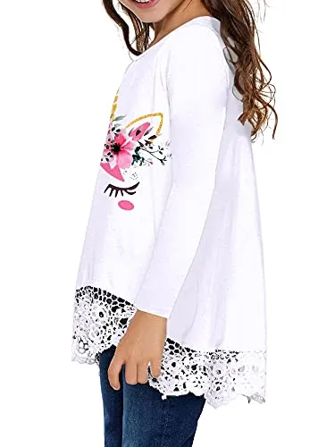 Casual Loose Tunic Top (Girls, Long Sleeve, Soft Blouse, White, 8-9 Years)
