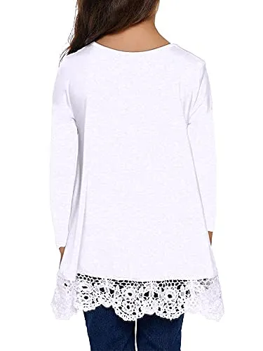 Casual Loose Tunic Top (Girls, Long Sleeve, Soft Blouse, White, 8-9 Years)