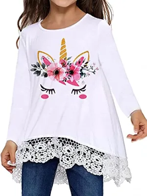 Casual Loose Tunic Top (Girls, Long Sleeve, Soft Blouse, White, 8-9 Years)