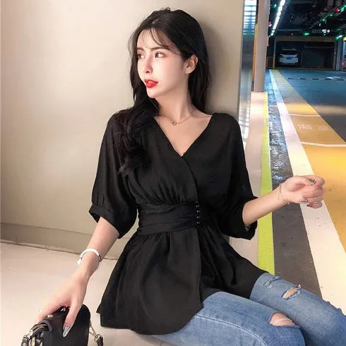 Casual V-Neck Solid Chiffon Blouse Shirt