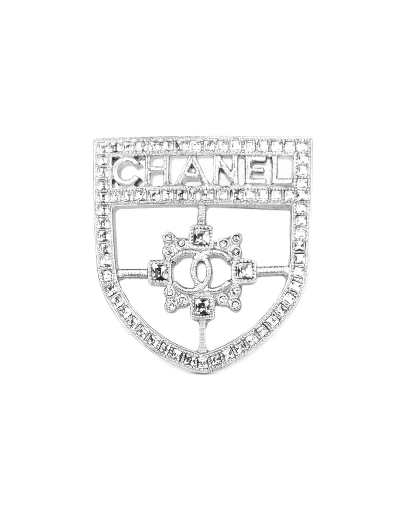 Chanel 2016 Silver Swarovski Crystal CC Shield Brooch