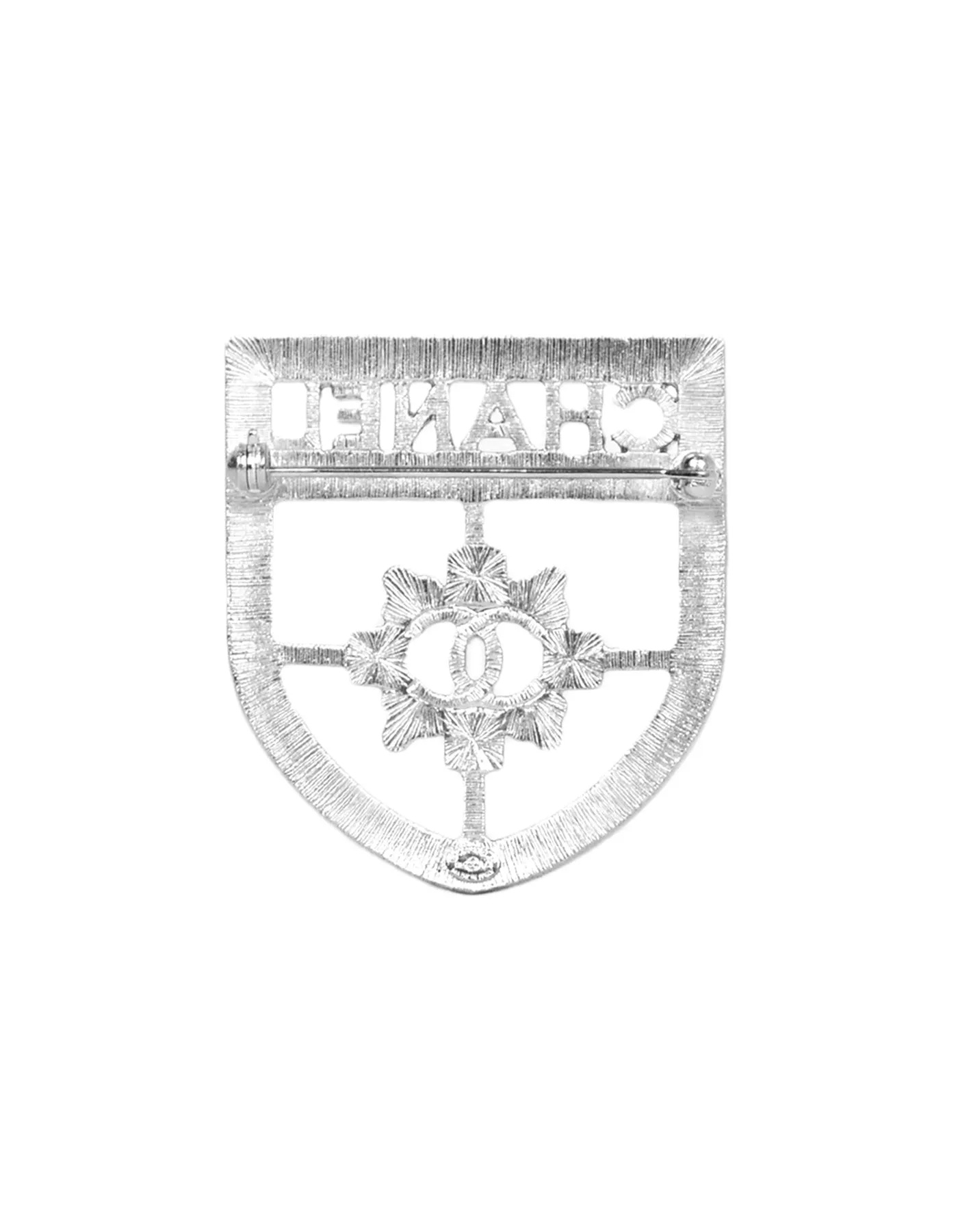 Chanel 2016 Silver Swarovski Crystal CC Shield Brooch