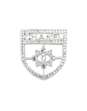 Chanel 2016 Silver Swarovski Crystal CC Shield Brooch