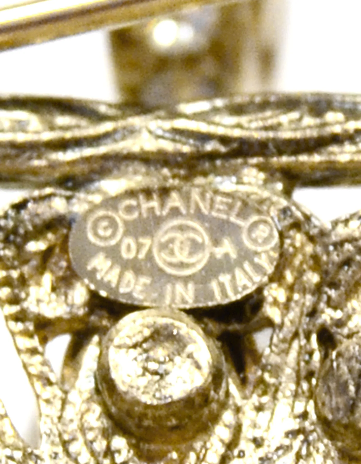 Chanel Goldtone Filigree CC Brooch w/ Faux Pearl and Crystals