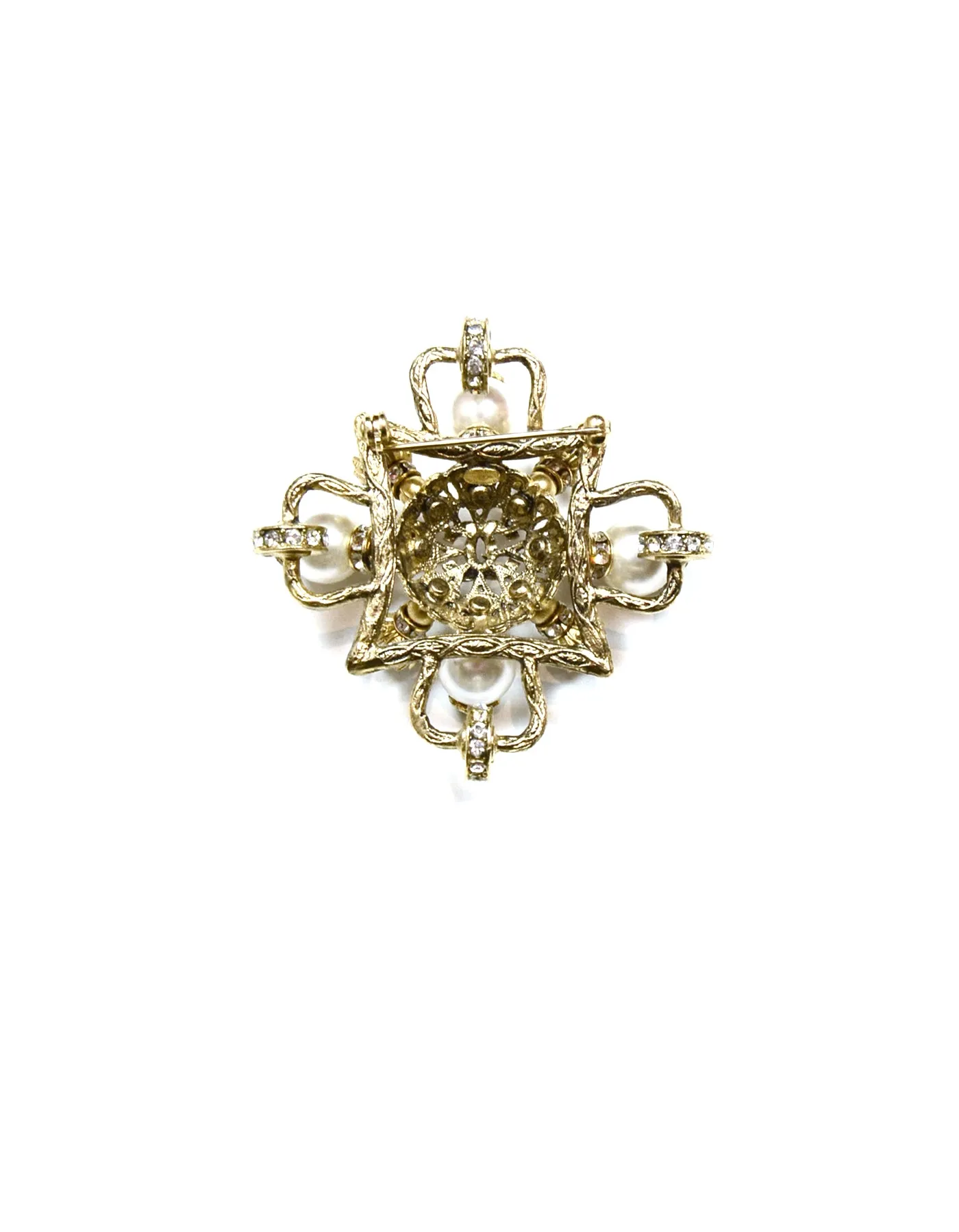 Chanel Goldtone Filigree CC Brooch w/ Faux Pearl and Crystals