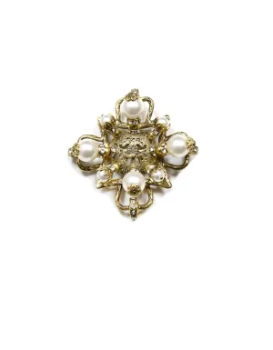 Chanel Goldtone Filigree CC Brooch w/ Faux Pearl and Crystals
