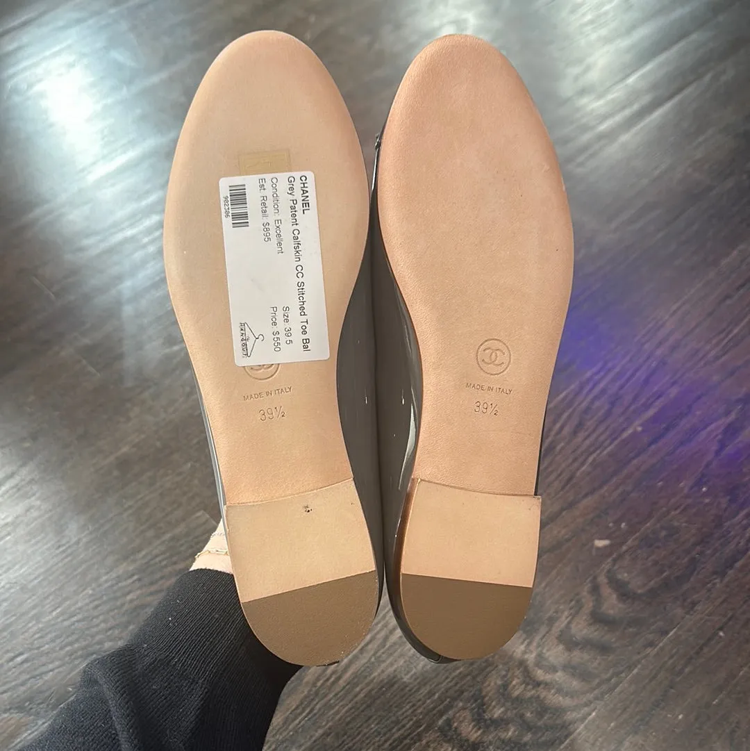 Chanel Grey Patent Calfskin CC Stitched Toe Ballet Flats