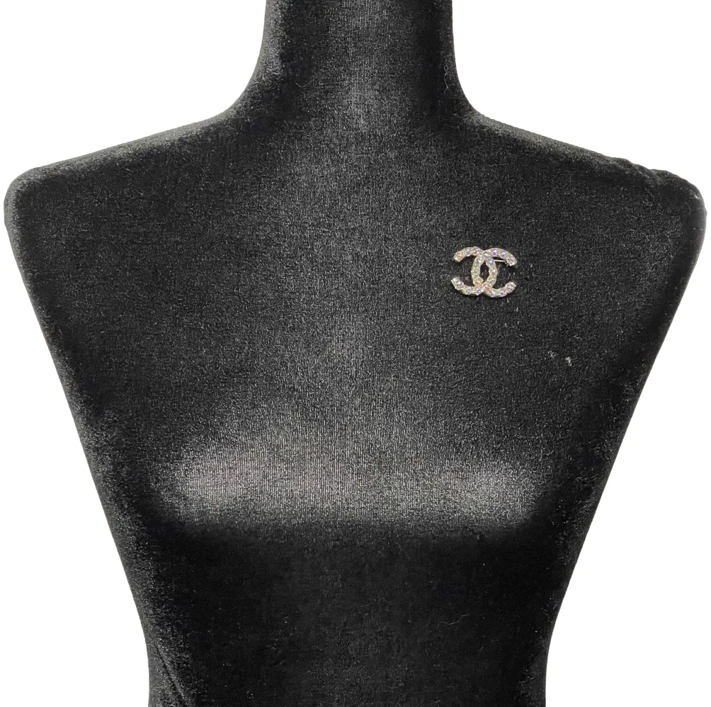 CHANEL - Pristine - 17K Iridescent Crystals - CC Silver Brooch Pin