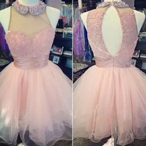 Charming Pink high neck lace off shoulder high neck freshman homecoming prom dress,BD0007