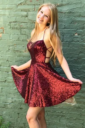 Cheap Dark Red Sequin Short Homecoming Dresses Short Prom Dresses,MH506