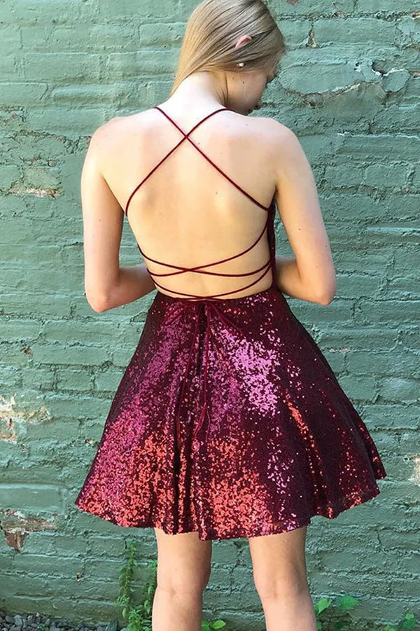 Cheap Dark Red Sequin Short Homecoming Dresses Short Prom Dresses,MH506
