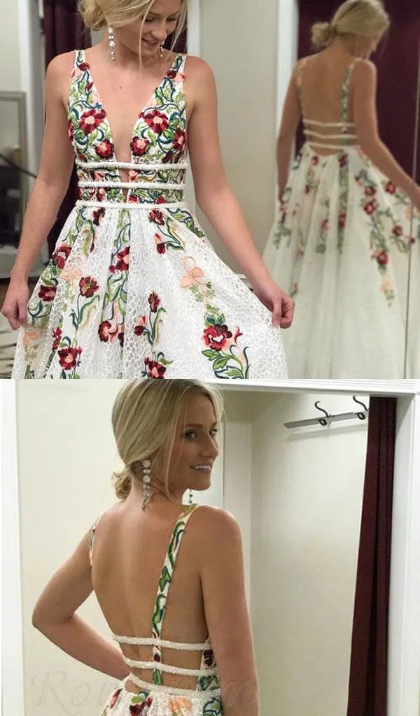 Cheap V Neck Prom Dresses Floor Length Formal Party Dresses with Appliques OKJ2