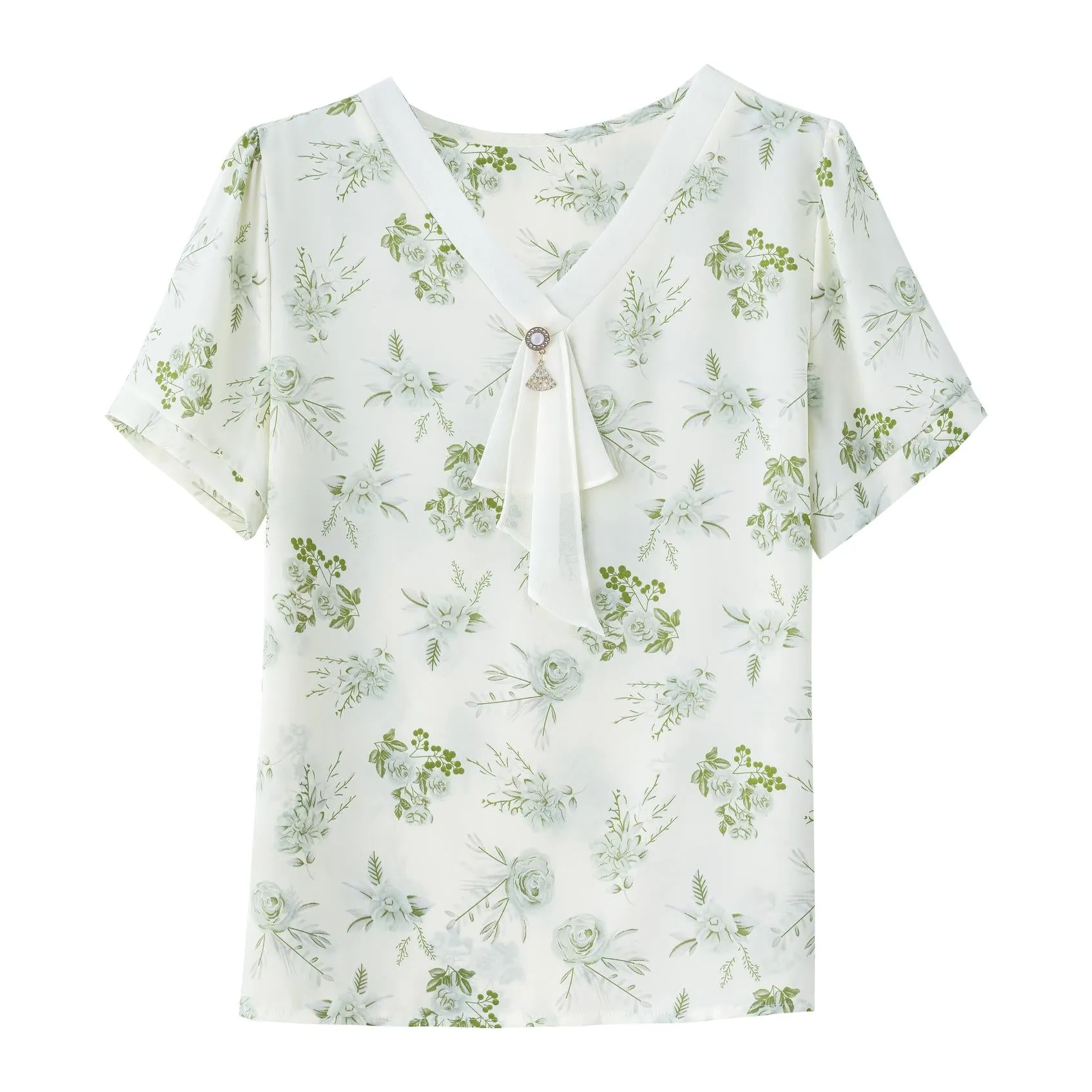 Chic French Style Blouse with V-Neck and Dreamy Floral Patterns