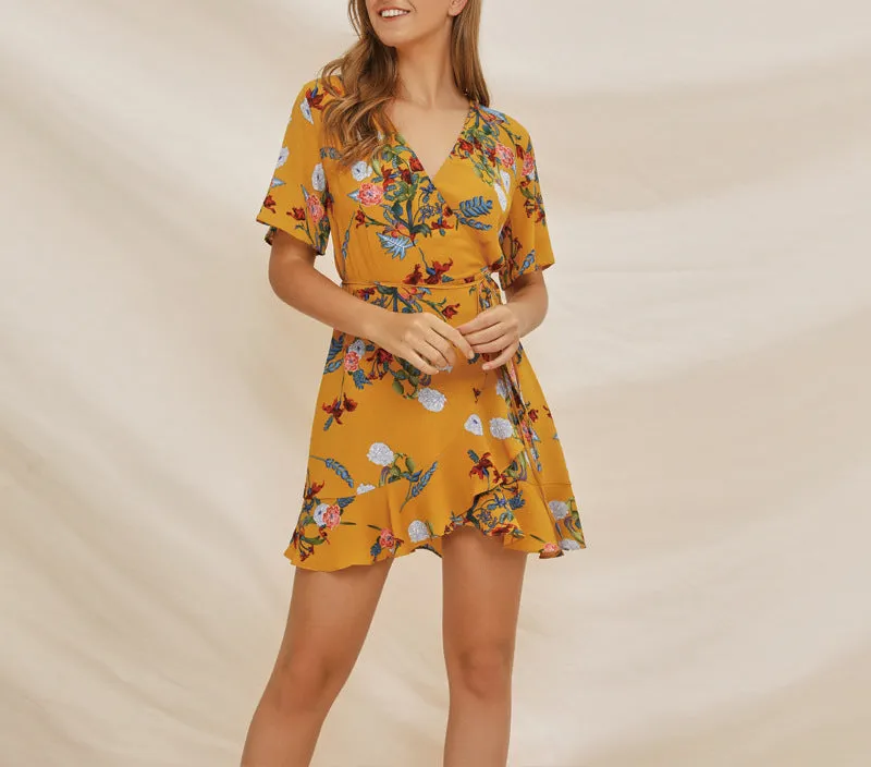 Chiffon Print V-neck Ruffle Dress