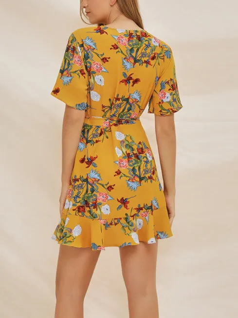 Chiffon Print V-neck Ruffle Dress