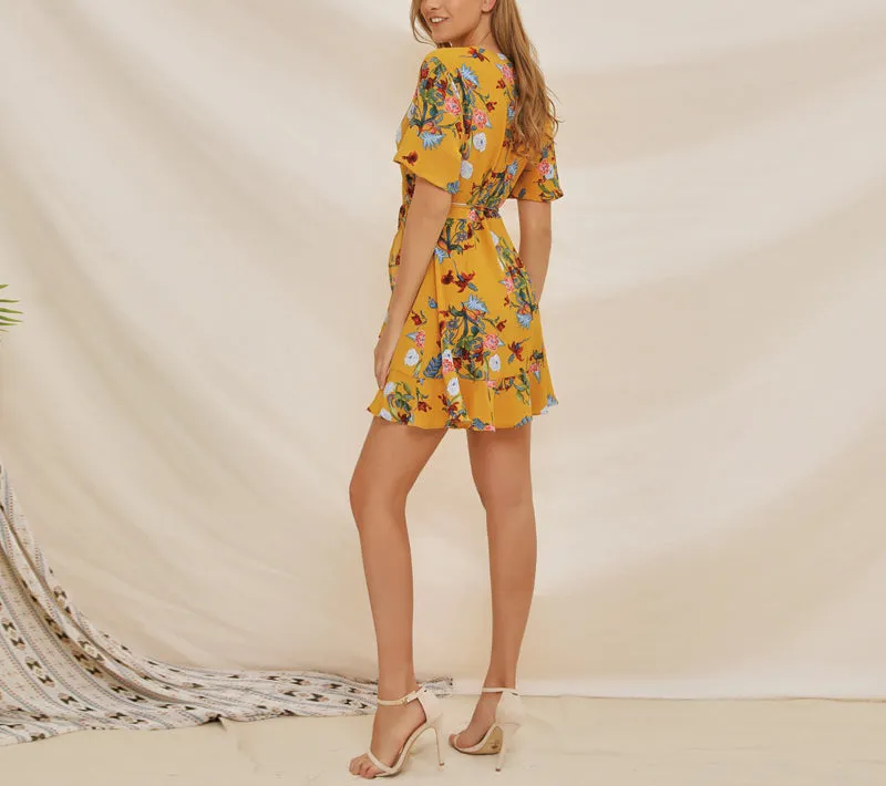 Chiffon Print V-neck Ruffle Dress