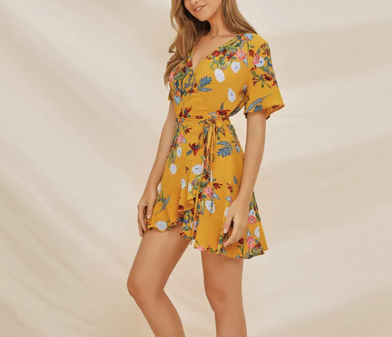 Chiffon Print V-neck Ruffle Dress