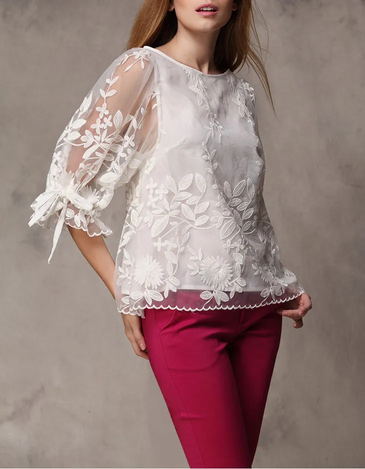 Chiffon Shirt Embroidered Shirt Top White Bottoming Shirt