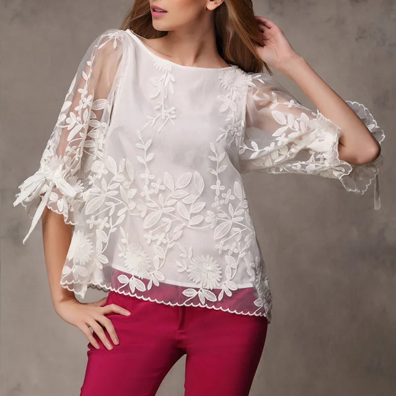Chiffon Shirt Embroidered Shirt Top White Bottoming Shirt