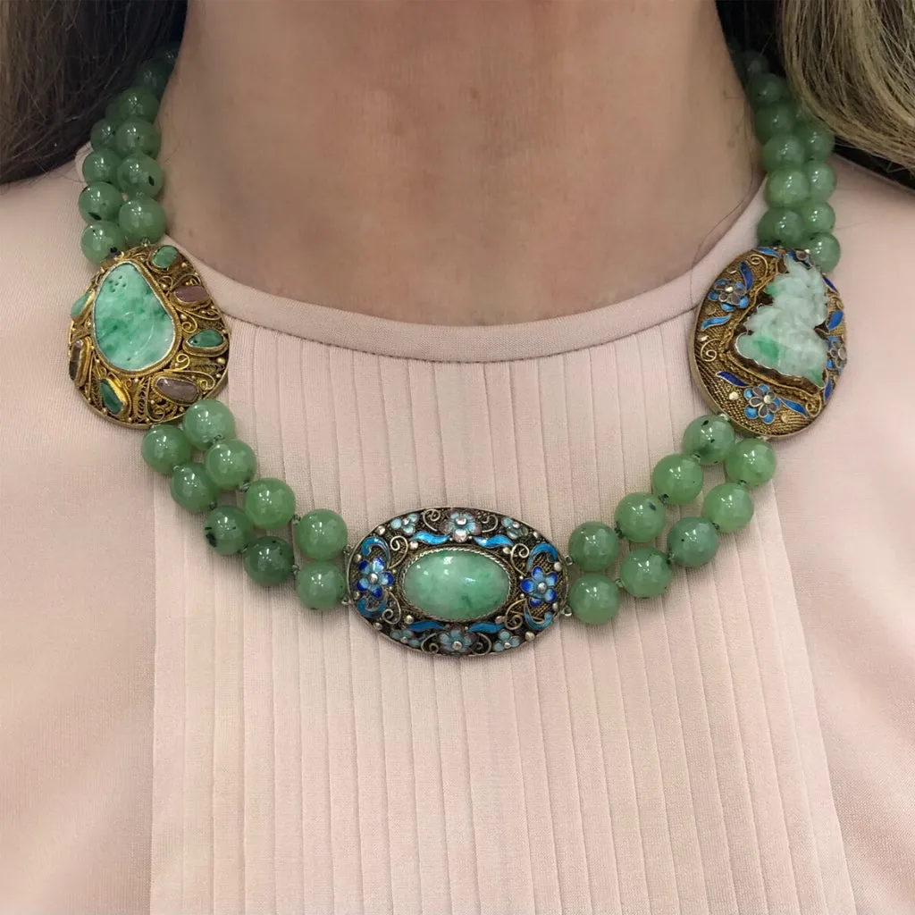 Chinese Nephrite Beads and Jadeite on Vermeil Spacers Double Strand Necklace