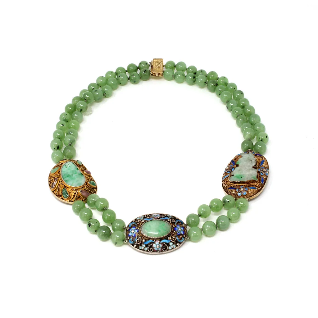 Chinese Nephrite Beads and Jadeite on Vermeil Spacers Double Strand Necklace