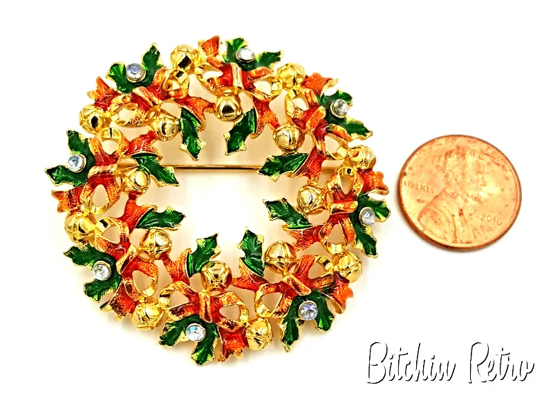 Christopher Radko Christmas Wreath Brooch with Green Enameled Holly