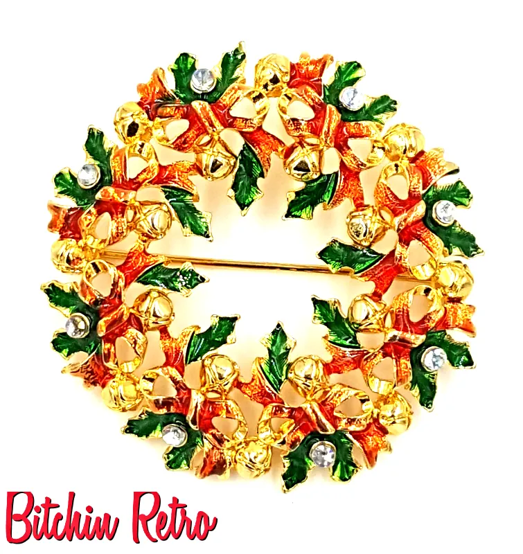 Christopher Radko Christmas Wreath Brooch with Green Enameled Holly