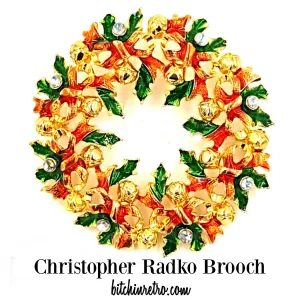 Christopher Radko Christmas Wreath Brooch with Green Enameled Holly