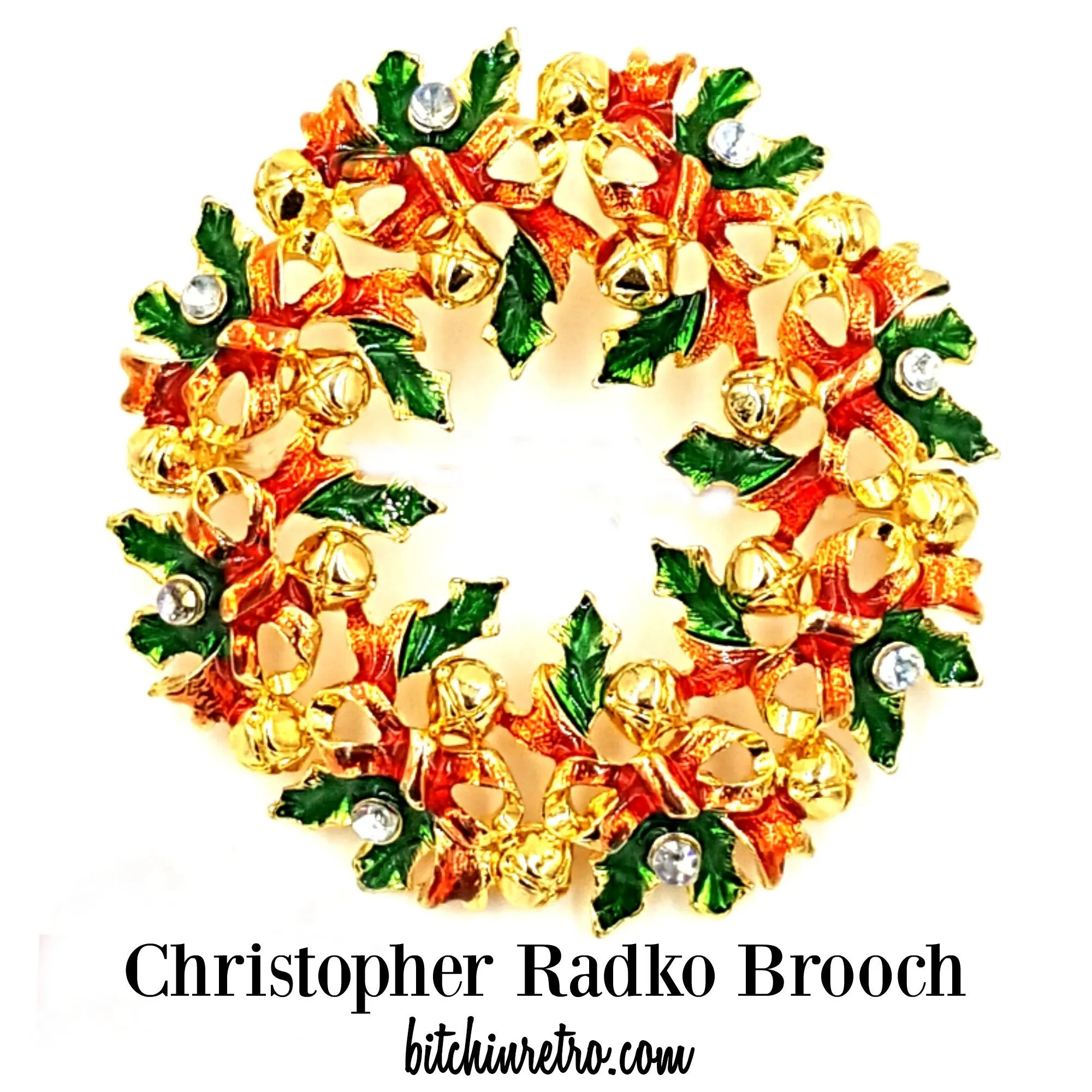 Christopher Radko Christmas Wreath Brooch with Green Enameled Holly