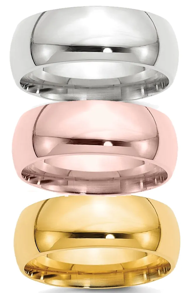 Classic 8mm Comfort Fit Wedding Bands in Rose, White or Yellow 14k Gold