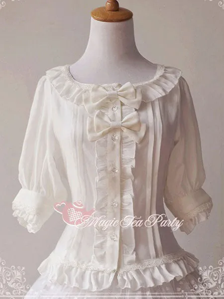 Classic Lolita Blouses Magic Tea Party Chiffon Ruffles Lace Scoop Neck Bell Sleeve White Lolita Top