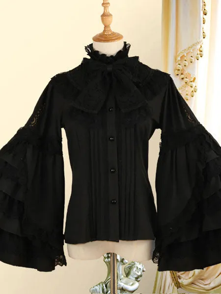 Classic Lolita Shirt Bow Lace Layered Ruffle Chiffon White Lolita Blouse