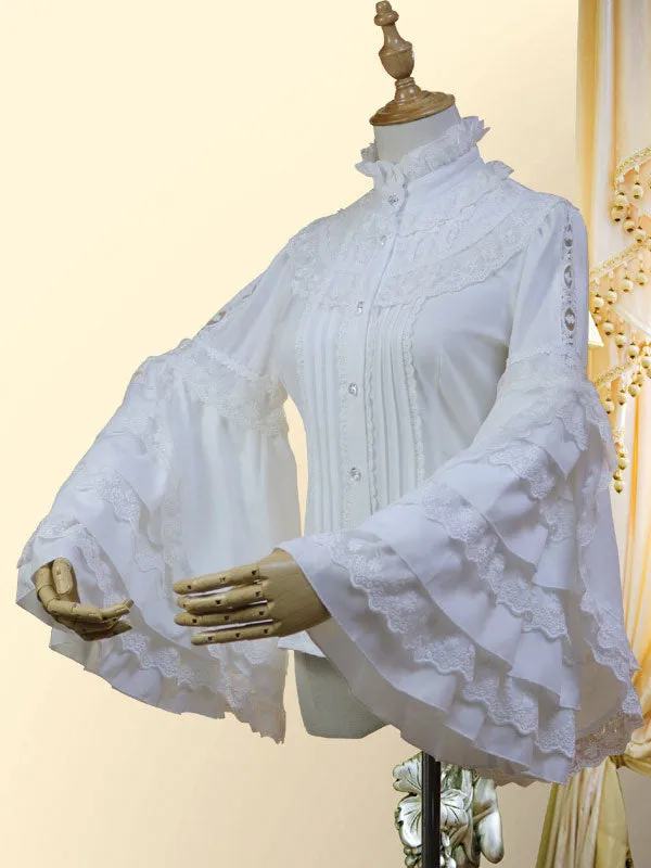 Classic Lolita Shirt Bow Lace Layered Ruffle Chiffon White Lolita Blouse
