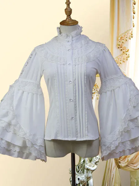 Classic Lolita Shirt Bow Lace Layered Ruffle Chiffon White Lolita Blouse