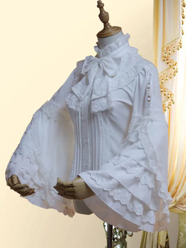 Classic Lolita Shirt Bow Lace Layered Ruffle Chiffon White Lolita Blouse