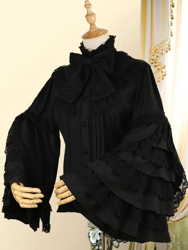 Classic Lolita Shirt Bow Lace Layered Ruffle Chiffon White Lolita Blouse